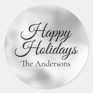 Sticker Rond Silver Happy Holidays Nom de famille