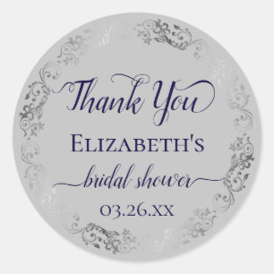 Sticker Rond Silver Lace Navy sur Grey Fête des mariées Merci