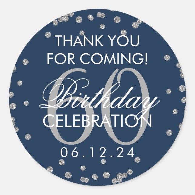 Sticker Rond Silver Navy Blue 60e anniversaire Merci Confetti (Devant)