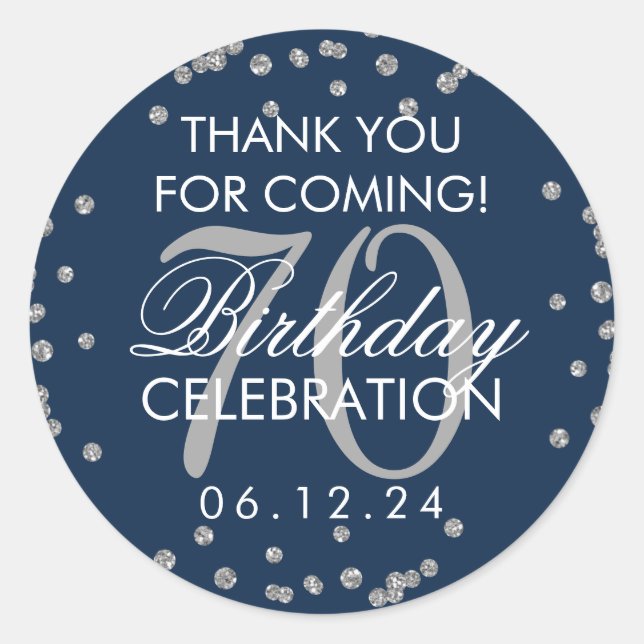 Sticker Rond Silver Navy Blue 70e anniversaire Merci Confetti (Devant)