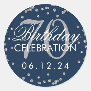 Sticker Rond Silver Navy Blue 70th Birthday Parties scintillant