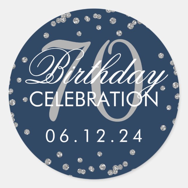 Sticker Rond Silver Navy Blue 70th Birthday Parties scintillant (Devant)