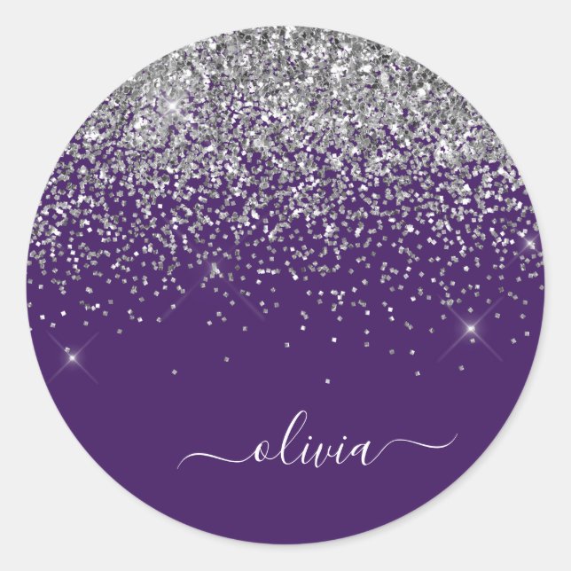 Sticker Rond Silver Purple Parties scintillant Girl Monogramme  (Devant)