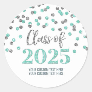 Sticker Rond Silver Turquoise Confetti Graduation 2025