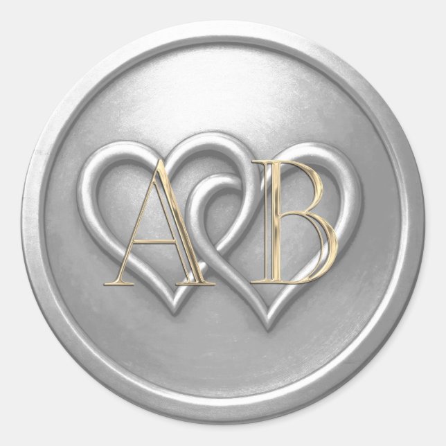 Sticker Rond Silver Two Hearts Intertwined Monogram Wedding (Devant)