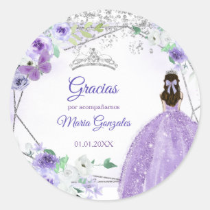 Sticker Rond Silver Violet Quinceañera Favoriser Merci Cadeau