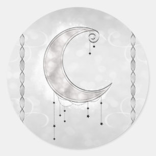 Sticker Rond Silvery White Crescent Moon Stars