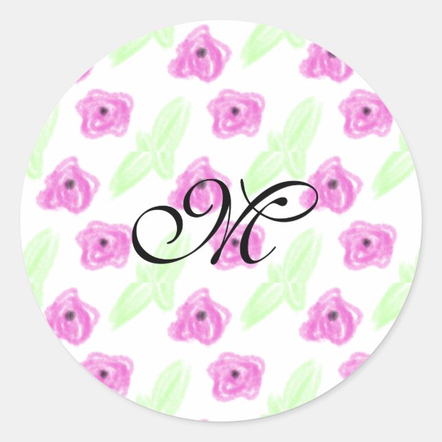 Sticker Rond Simple aquarelle rose fleurs vert feuille monogram (Devant)