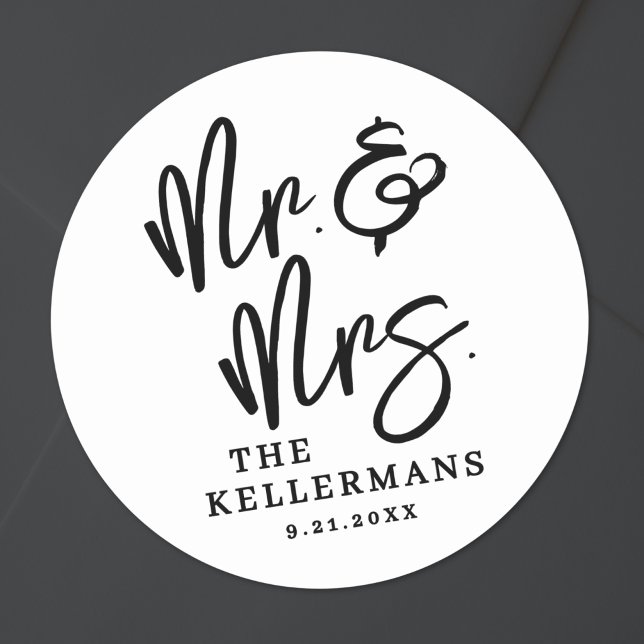 Sticker Rond Simple Black White Script Wedding (Simple Black White Script Wedding Classic Round Sticker)