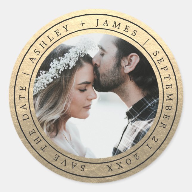 Sticker Rond Simple Chic Enregistrer la date Mariage Photo Gold (Devant)