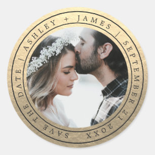 Sticker Rond Simple Chic Enregistrer la date Mariage Photo Gold