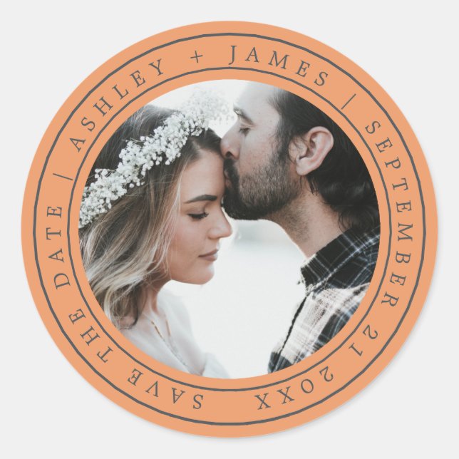 Sticker Rond Simple Chic Enregistrer la date Mariage Photo Oran (Devant)