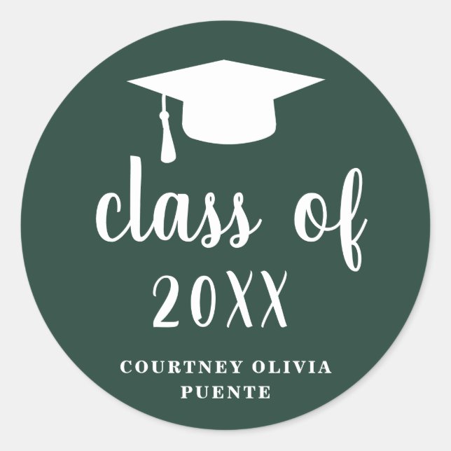 Sticker Rond Simple Classic Forest Green White Graduation Cap (Devant)