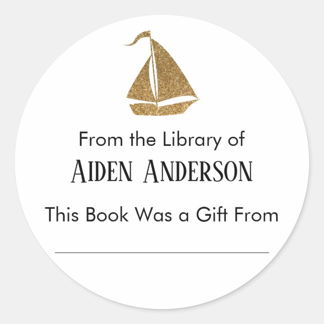 Sticker Rond Simple de la bibliothèque de Gold Sailboat Bookpla (Devant)