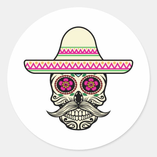 Sticker Rond Simple Dia de Muertos Crâne avec Casquette | Stick (Devant)