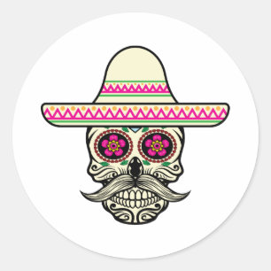 Sticker Rond Simple Dia de Muertos Crâne avec Casquette   Stick