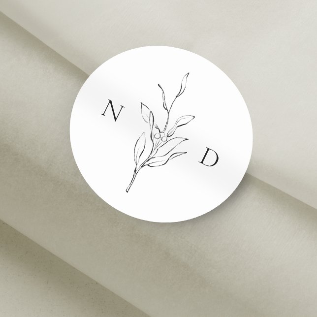 Sticker Rond Simple élégance botanique feuille mariage (Simple elegance botanical leaves wedding classic round sticker)