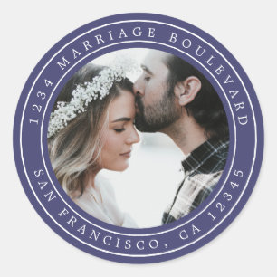 Sticker Rond Simple Elégant Mariage Photo Blue Adresse de retou