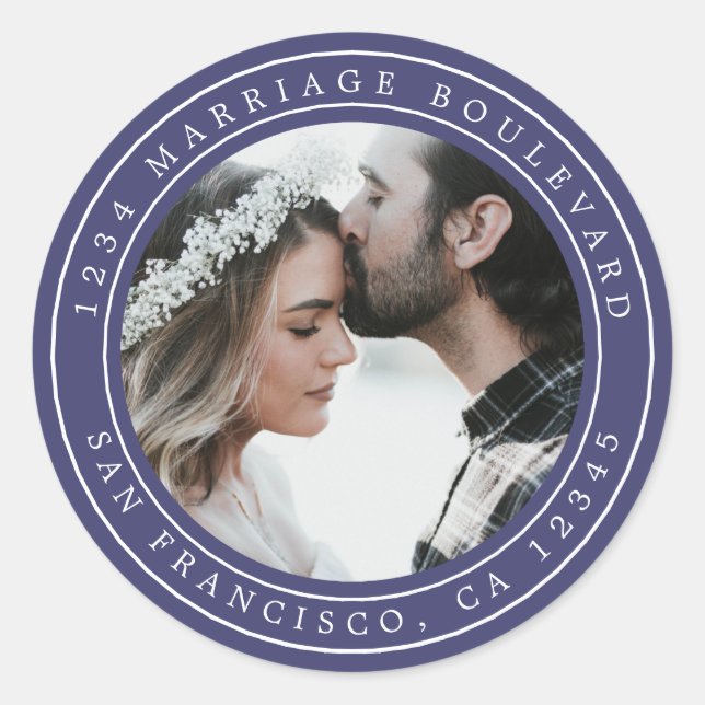 Sticker Rond Simple Elégant Mariage Photo Blue Adresse de retou (Devant)