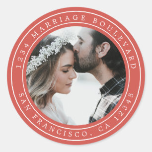 Sticker Rond Simple Elégant Mariage Photo Rouge Adresse de reto