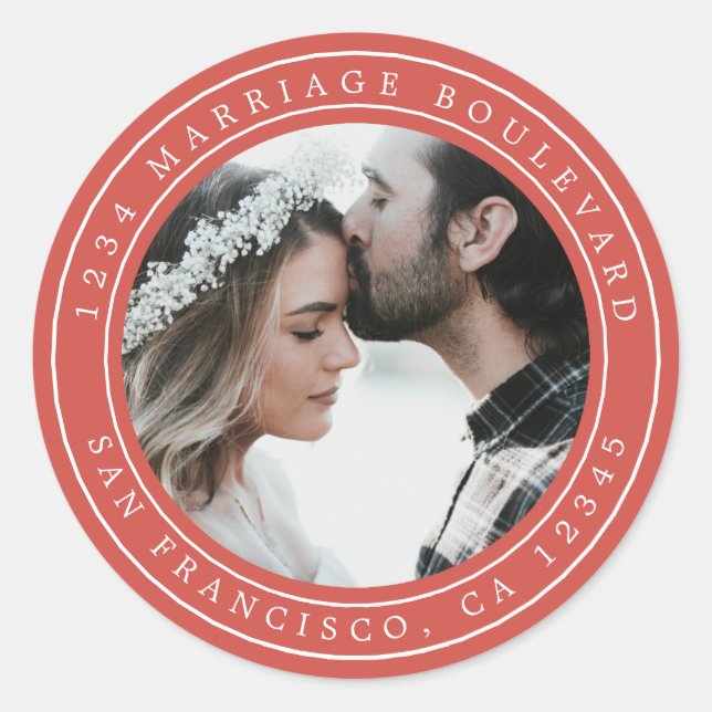 Sticker Rond Simple Elégant Mariage Photo Rouge Adresse de reto (Devant)