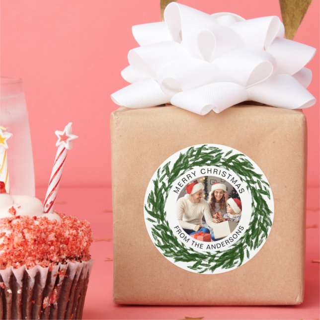Sticker Rond Simple élégante couronne de Noël Photo Nom de fami (Fête)