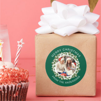 Sticker Rond Simple élégante couronne de Noël Photo Nom de fami