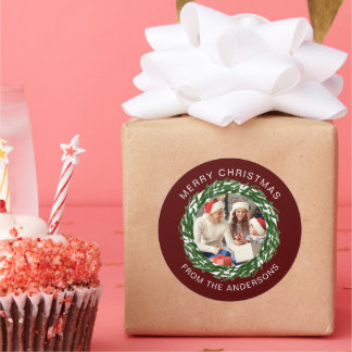 Sticker Rond Simple élégante couronne de Noël Photo Nom de fami