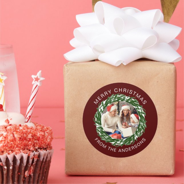 Sticker Rond Simple élégante couronne de Noël Photo Nom de fami (Fête)