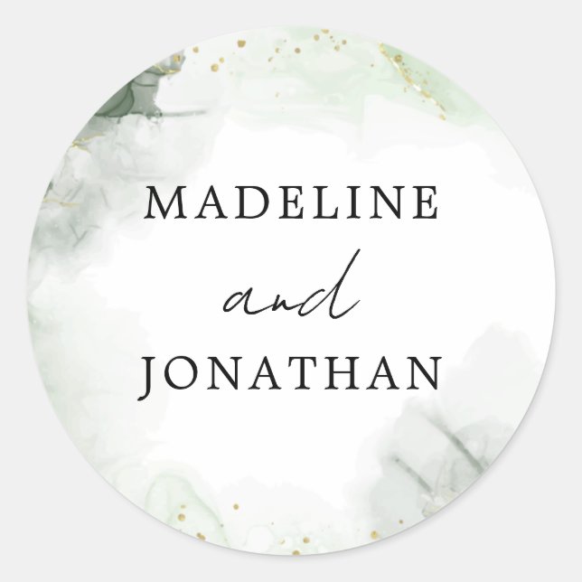 Sticker Rond Simple Glam Sage Green Watercolo Splash Mariage (Devant)