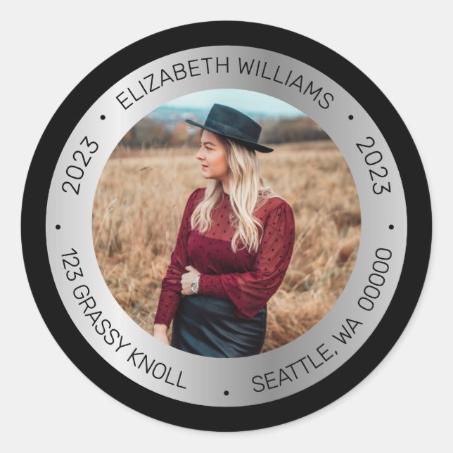 Sticker Rond Simple Graduation Photo 2023 Nom Adresse de retour (Devant)