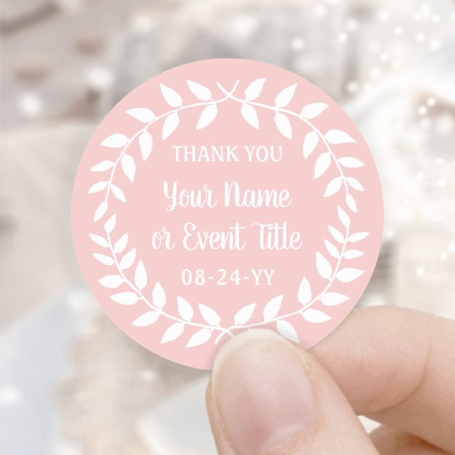 Sticker Rond Simple Laurel Wreath Blush Pink & White Merci (Créateur téléchargé)