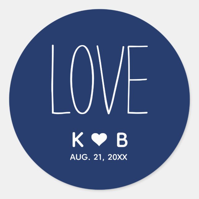 Sticker Rond Simple LOVE Marine Blue Mariage Initiales Monogram (Devant)