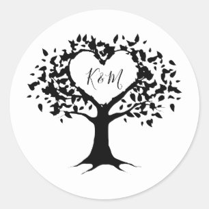 Sticker Rond Simple Mariage de l'arbre cardiaque du Monogramme 