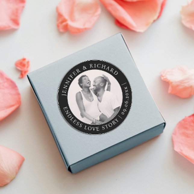 Sticker Rond Simple Mariage Photo D'Amour Noir Et Blanc (Créateur téléchargé)