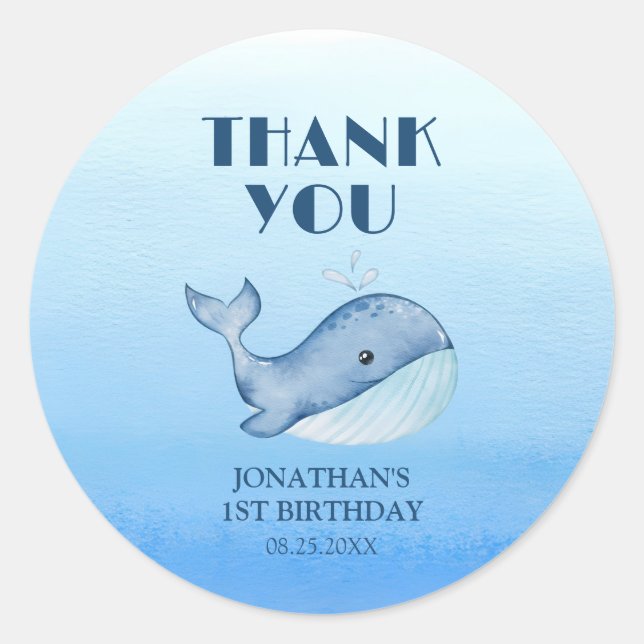 Sticker Rond Simple mignonne Baleine Bleue Mer 1er anniversaire (Devant)