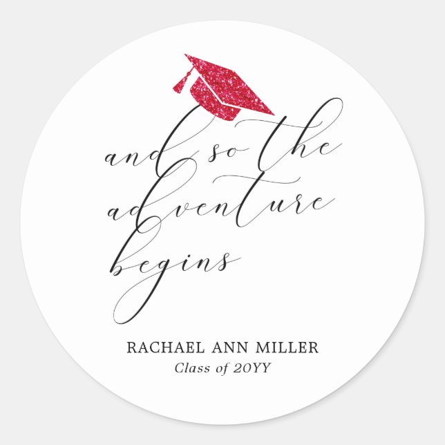 Sticker Rond Simple Minimalist Script Adventure Begins Red Hat  (Devant)