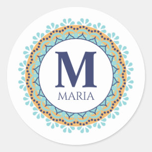 Sticker Rond Simple Moderne Chic Marine Bleu Monogramme Nom