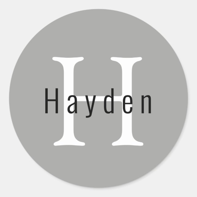 Sticker Rond Simple moderne minimaliste Monogramme d'argent Nom (Devant)