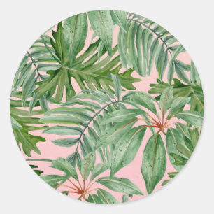 Sticker Rond Simple moderne Pink Palm Leaf Tropical Floral