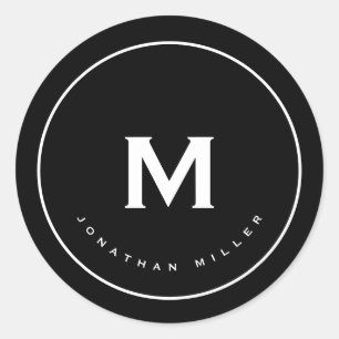 Sticker Rond Simple Monogramme Classique Noir Blanc
