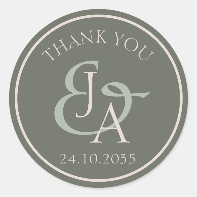Sticker Rond Simple Monogramme Sage Green Wedding Favoriser (Devant)