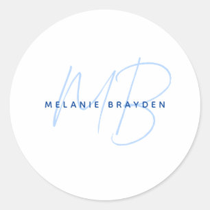 Sticker Rond Simple Navy Blue Minimaliste Deux Monogrammes Nom