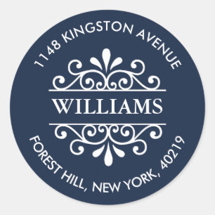 Sticker Rond Simple Navy & White Ornat Adresse de retour person