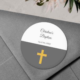 Sticker Rond Simple, Noir avec une Croix d'or Baptême