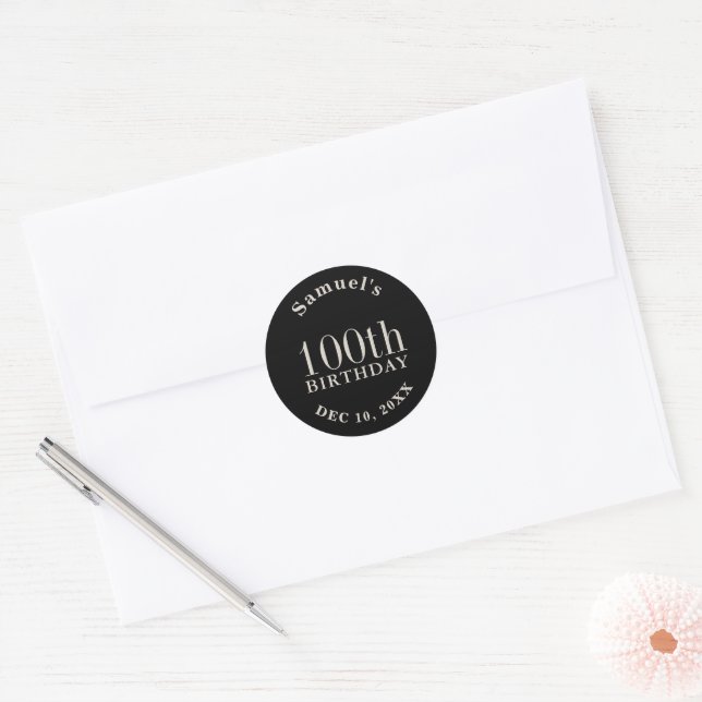 Sticker Rond Simple noir et écru beige 100e anniversaire Faveur (Enveloppe)