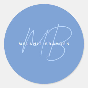 Sticker Rond Simple Pastel Bleu Minimaliste Deux Monogrammes No