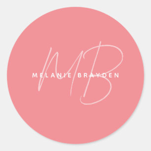 Sticker Rond Simple Pastel Rose Minimaliste Deux Monogrammes No