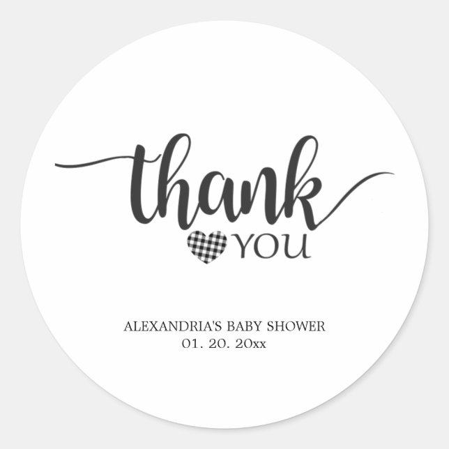 Sticker Rond Simple Remerciement Noir et Blanc Baby Shower (Devant)