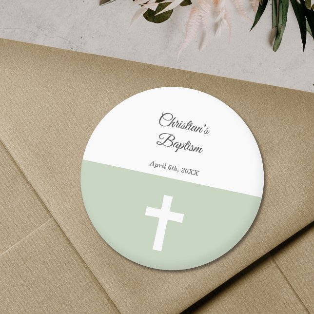 Sticker Rond Simple, vert avec un baptême croisé (Green with a Cross Baptism Sticker)